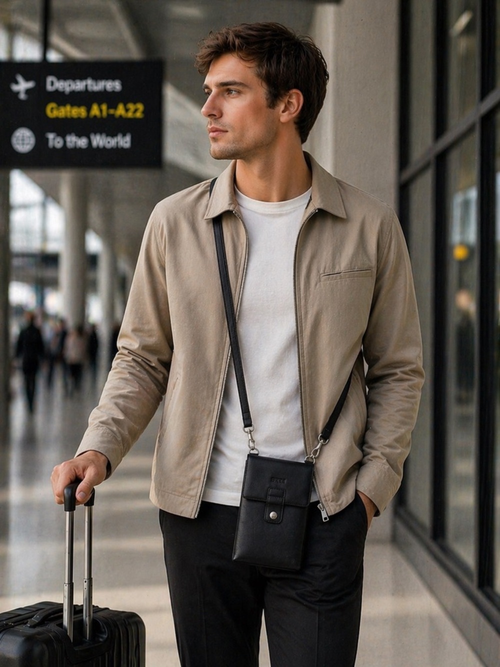 BREE Black Leather Crossbody Wallet Minimalist Luxury Men Travel Designer Bag